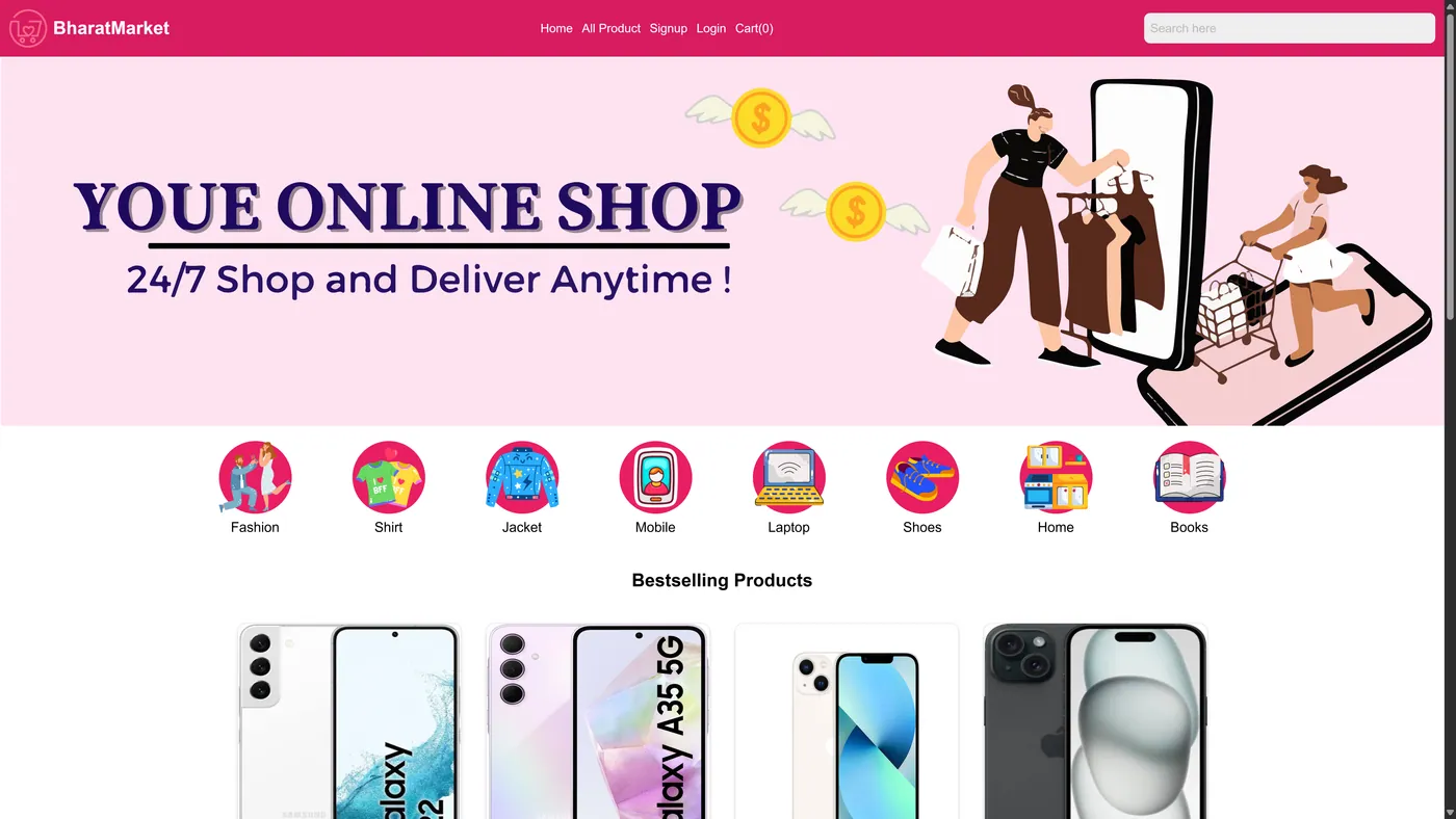 BharatMarket e-commerce website built with React, Node.js and Firebase by Rahul Choudhary